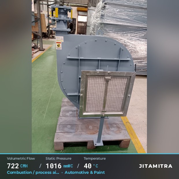Backward-flat plate fan built by Jitamitra for combustion and process air, 722 CMH at 1,016 mmWC and 40 °C