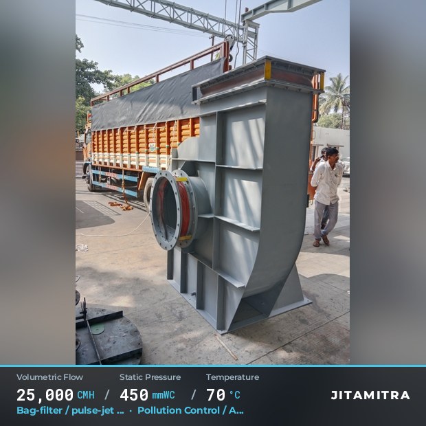 Backward-flat plate fan built by Jitamitra for bag-filter draught in pollution control OEMs, 25,000 CMH at 450 mmWC and 70 °C