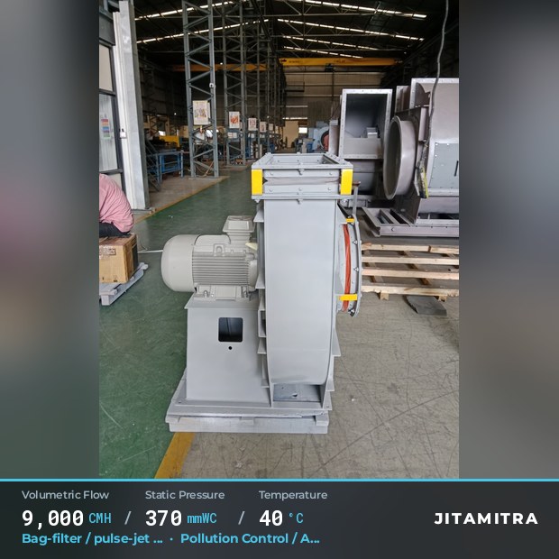 Backward-flat plate fan built by Jitamitra for bag-filter draught in pollution control OEMs, 9,000 CMH at 370 mmWC and 40 °C