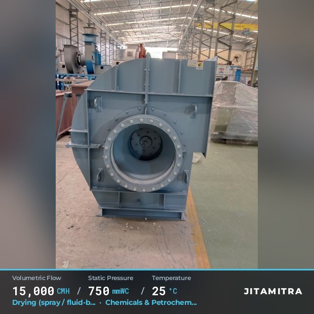Backward-flat plate fan built by Jitamitra for spray and fluid-bed drying, 15,000 CMH at 750 mmWC and 25 °C