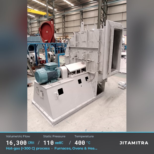 Backward-flat plate fan built by Jitamitra in furnaces, ovens and heat treatment, 16,300 CMH at 110 mmWC and 400 °C