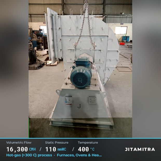 Backward-flat plate fan built by Jitamitra in furnaces, ovens and heat treatment, 16,300 CMH at 110 mmWC and 400 °C