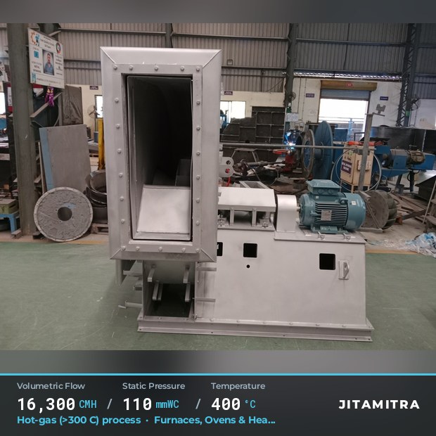 Backward-flat plate fan built by Jitamitra in furnaces, ovens and heat treatment, 16,300 CMH at 110 mmWC and 400 °C