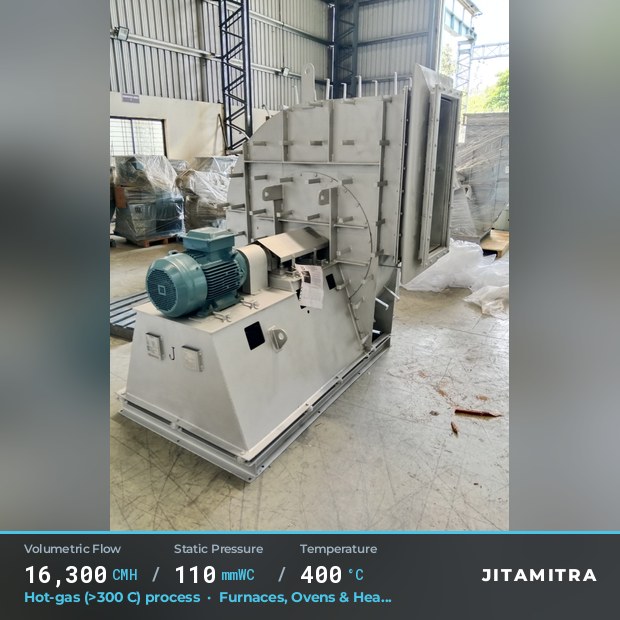Backward-flat plate fan built by Jitamitra in furnaces, ovens and heat treatment, 16,300 CMH at 110 mmWC and 400 °C