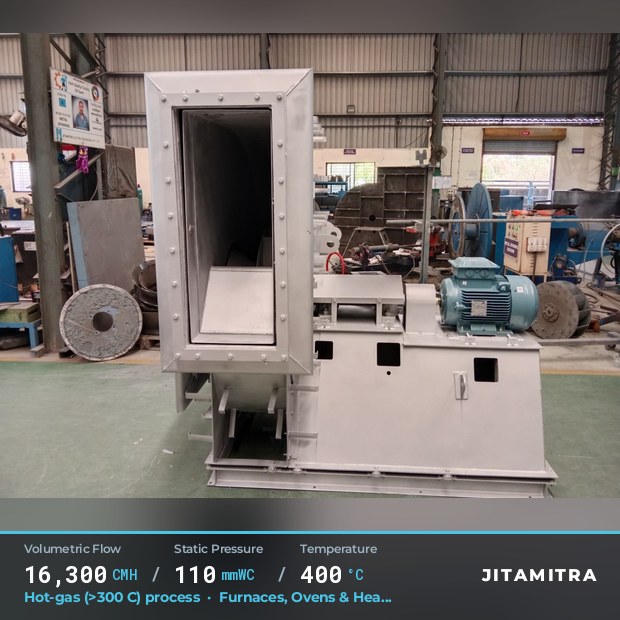 Backward-flat plate fan built by Jitamitra in furnaces, ovens and heat treatment, 16,300 CMH at 110 mmWC and 400 °C