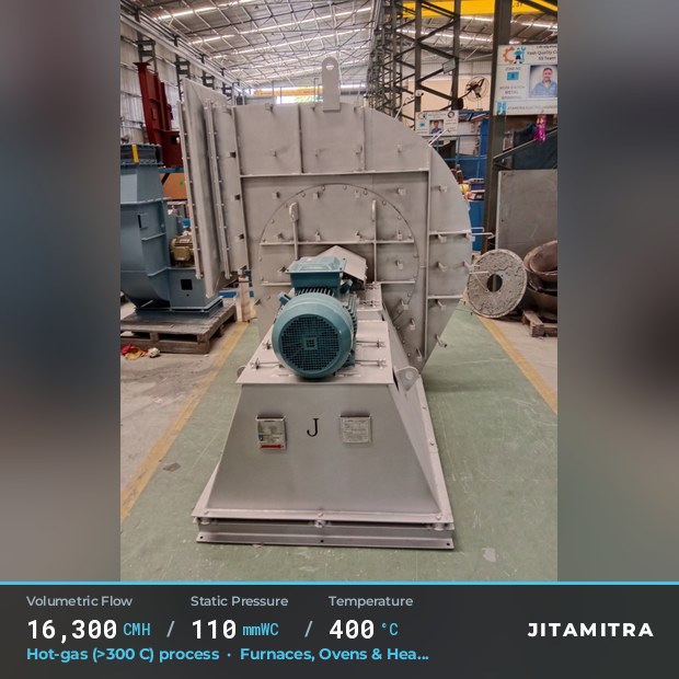 Backward-flat plate fan built by Jitamitra in furnaces, ovens and heat treatment, 16,300 CMH at 110 mmWC and 400 °C
