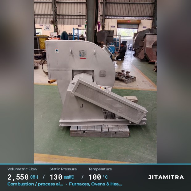 Backward-flat plate fan built by Jitamitra for combustion and process air, 2,550 CMH at 130 mmWC and 100 °C