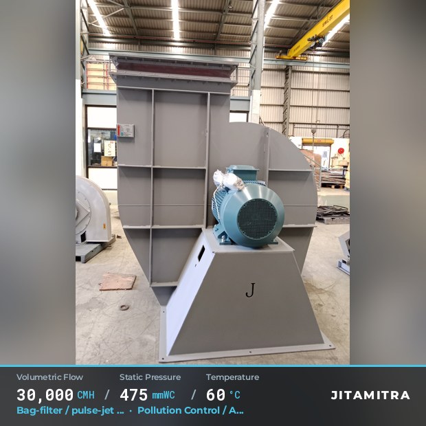 Backward-flat plate fan built by Jitamitra for bag-filter draught in pollution control OEMs, 30,000 CMH at 475 mmWC and 60 °C