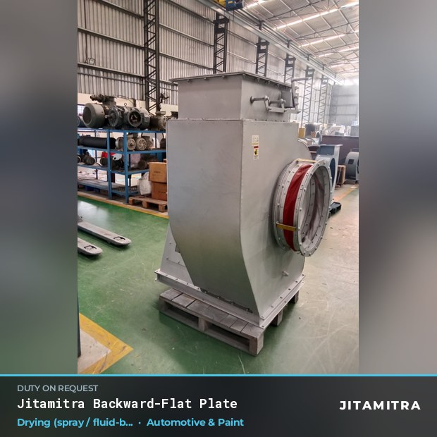 Backward-flat plate fan built by Jitamitra for spray and fluid-bed drying in automotive paint shops