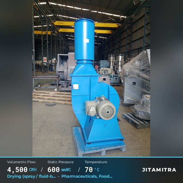 Backward-flat plate fan built by Jitamitra for spray and fluid-bed drying, 4,500 CMH at 600 mmWC and 70 °C