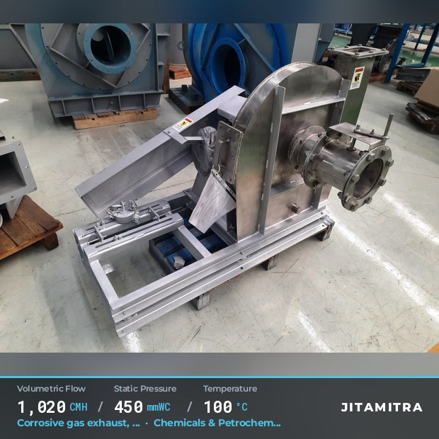 Large backward-curved fan built by Jitamitra for corrosive gas exhaust, 1,020 CMH at 450 mmWC and 100 °C