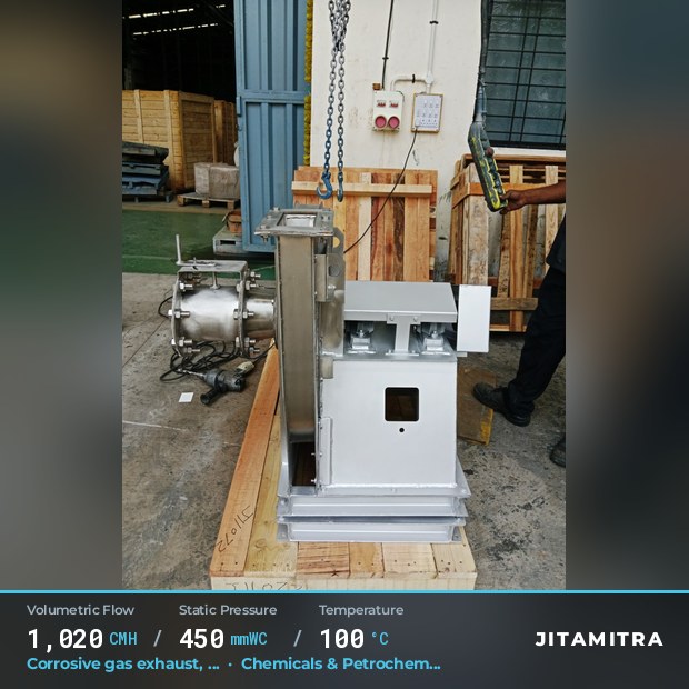 Large backward-curved fan built by Jitamitra for corrosive gas exhaust, 1,020 CMH at 450 mmWC and 100 °C