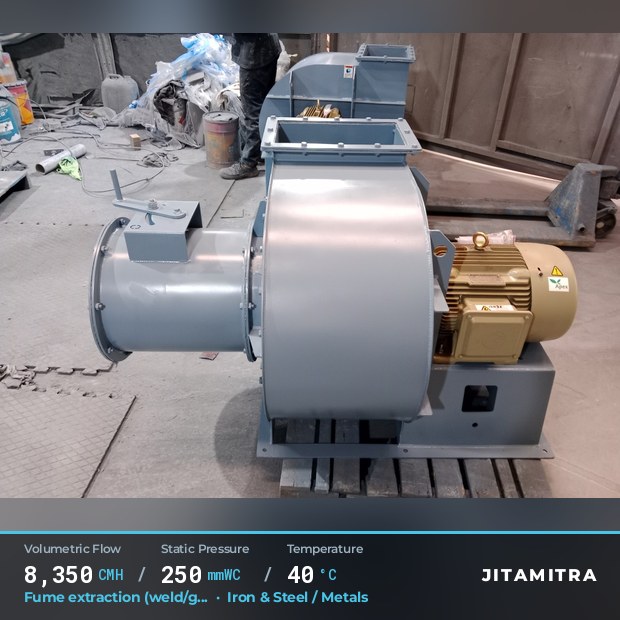 Radial fan built by Jitamitra for weld and furnace fume extraction, 8,350 CMH at 250 mmWC and 40 °C