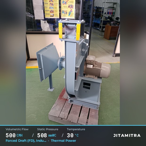 Radial fan built by Jitamitra for forced draught in thermal power plants, 500 CMH at 508 mmWC and 30 °C