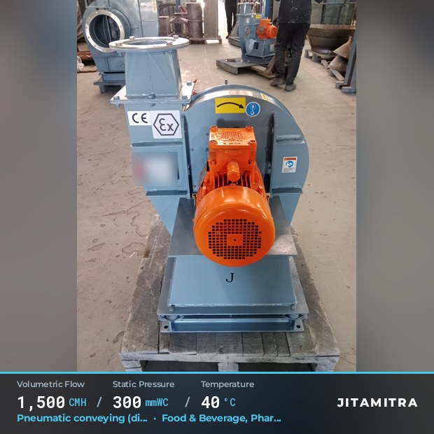 Radial fan built by Jitamitra for pneumatic conveying in food and beverage plants, 1,500 CMH at 300 mmWC and 40 °C