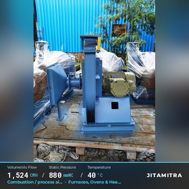 Radial fan built by Jitamitra for combustion and process air, 1,524 CMH at 880 mmWC and 40 °C