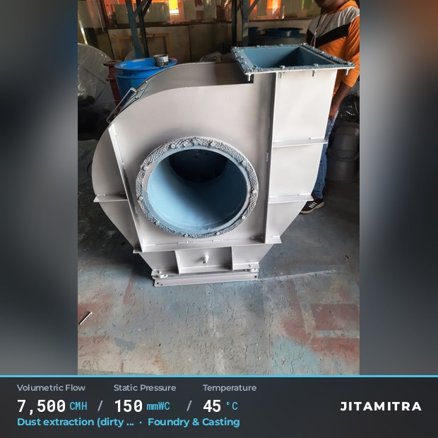 Radial fan built by Jitamitra for dust extraction in foundries and casting, 7,500 CMH at 150 mmWC and 45 °C