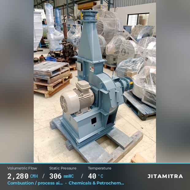 Radial fan built by Jitamitra for combustion and process air, 2,280 CMH at 306 mmWC and 40 °C