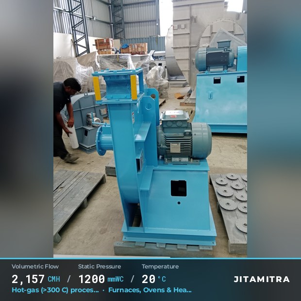Radial fan built by Jitamitra for combustion and process air, 2,157 CMH at 1,200 mmWC and 20 °C