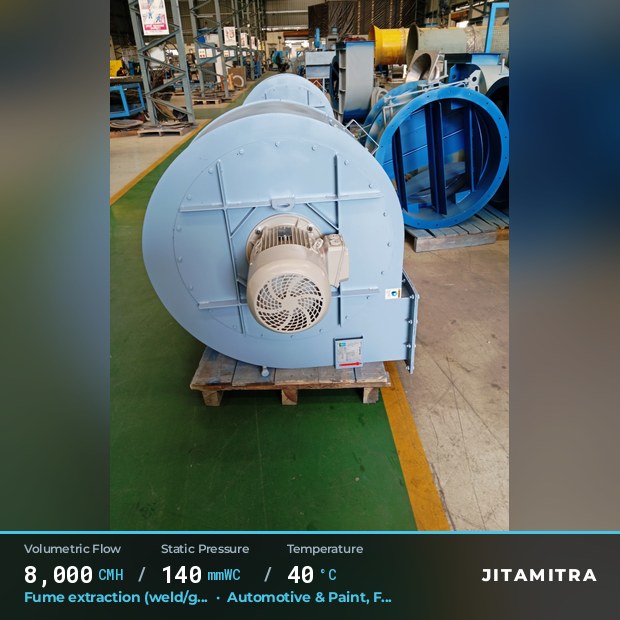 Radial fan built by Jitamitra for weld and furnace fume extraction in automotive paint shops, 8,000 CMH at 140 mmWC and 40 °C