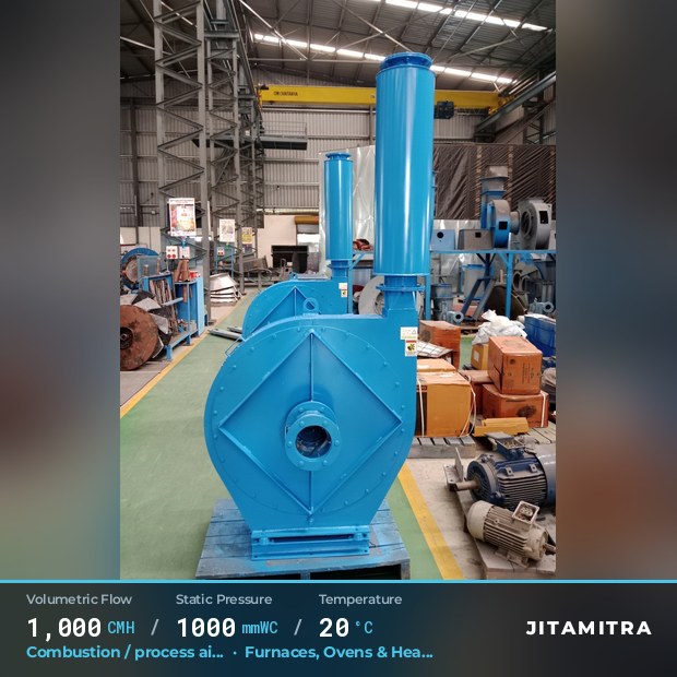 Radial fan built by Jitamitra for combustion and process air, 1,000 CMH at 1,000 mmWC and 20 °C