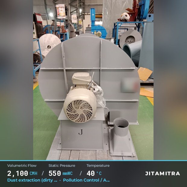 Radial fan built by Jitamitra for dust extraction in pollution control OEMs, 2,100 CMH at 550 mmWC and 40 °C