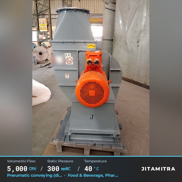 Radial-tip fan built by Jitamitra for pneumatic conveying in food and beverage plants, 5,000 CMH at 300 mmWC and 40 °C